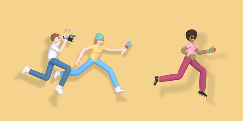 3D rendering character a guy with a video camera and a girl with a microphone are running after a celebrity. Abstract minimal concept. News gathering, sensation search, journalist, reporter.