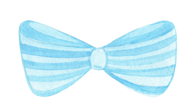 watercolor hand drawn blue bow with stripes isolated on white background