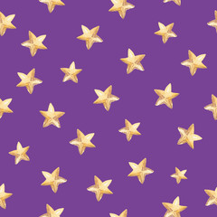 watercolor yellow stars on purple background seamless pattern