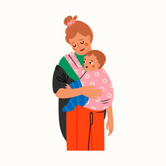 Beautiful Lady is carrying her kid. Newborn Baby child in Sling feeling love and protection from his mother. Family, lifestyle concept. Happy Mother's Day. Hand drawn vector illustration