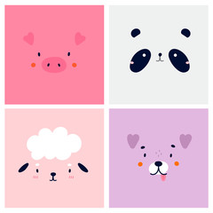 Pig, panda bear, sheep, dog. Set of Various Cute Animal faces without outline. Funny cartoon Muzzles. Colorful Hand drawn Vector square illustrations. All elements are isolated