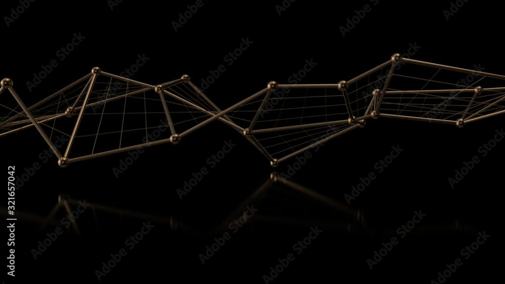 Poster 3d render of golden metal wireframe structure with spheres in joints. reflective material. simple wi
