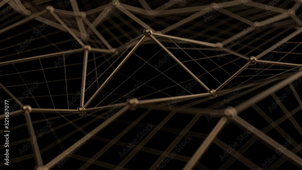 Poster 3d render of golden metal wireframe structure with spheres in joints. reflective material. simple wi