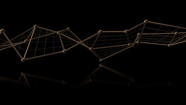3d render of golden metal wireframe structure with spheres in joints. Reflective material. Simple wireframe structure.