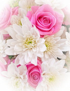light violet colored roses and white chrysanthemums flowers bouquet top view, filtered image