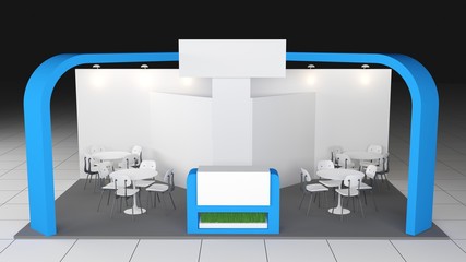 blue stand or booth in a tradeshow