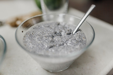 Chia Pudding in Glass Bowl in Kitchen