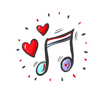 Romantic music vector background with notes and red hearts
