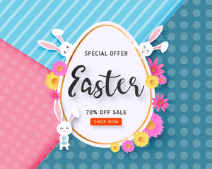 Happy Easter sale banner with Easter egg, bunny and flower on background in paper cut style. Vector illustration. Poster, banner, flyer, backdrop, brochure.