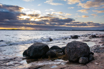 Naklejka na ściany i meble Beautiful sunset sky, Gulf of Finland and coastal view in winter, Kopparnas, Inkoo, Finland