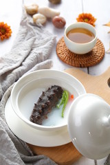 Delicious fresh seafood in white tableware