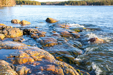 Coastal view in winter, rocks and sea, Linlo, Kirkkonummi, Finland