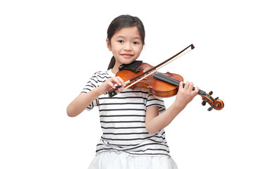 Asian girl play violin on white background (clipping path)