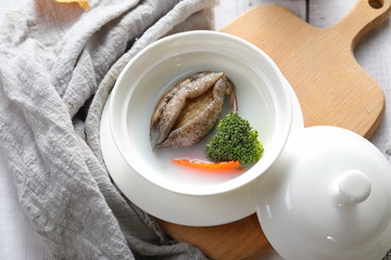 Delicious fresh seafood in white tableware