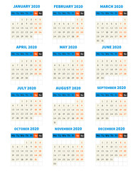 2020 year calendar monthly classic style template in blue
