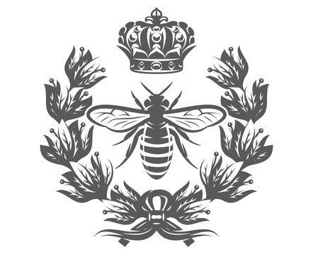 Vector monochrome illustration with bee, imperial crown and laurel wreath