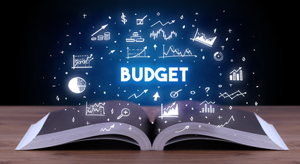 BUDGET inscription coming out from an open book, business concept