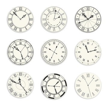 Vintage clock dials isolated icons, New Year symbol