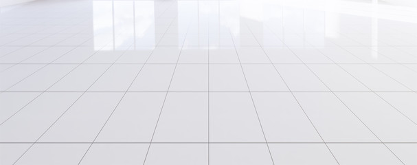 White tile floor background in perspective view. Clean, shiny and symmetry with grid line texture....