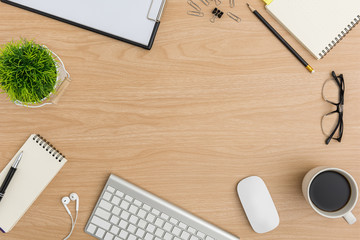 Top view Wood office desk table. Flat lay Workspace