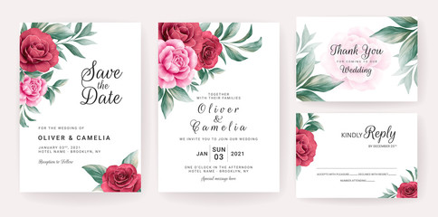 Wedding invitation card template set with watercolor floral arrangements and border. Flowers decoration for save the date, greeting, poster, cover, etc. Botanic illustration vector