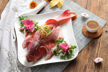 Delicious fresh seafood in white tableware