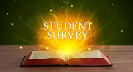 STUDENT SURVEY inscription coming out from an open book, educational concept