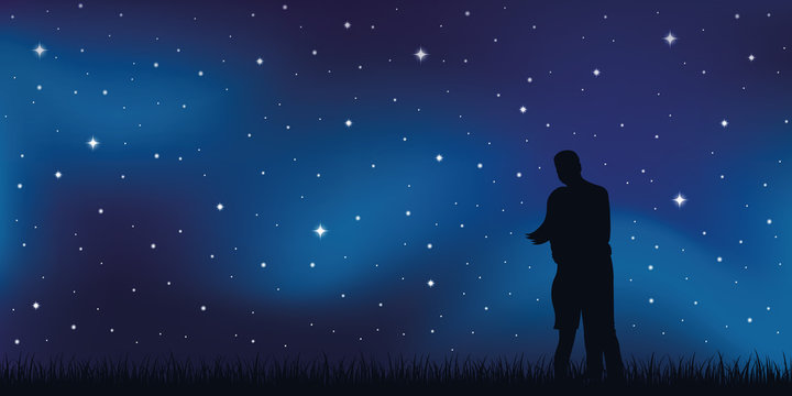 young couple in love looks in the starry sky vector illustration EPS10