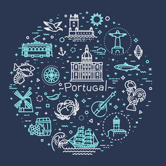 Portugal travel icons set. Outline thin icons