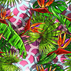 Seamless texture on the theme of the tropics, jungle from palm leaves, monstera, banana leaves, strelitzia and heliconia flowers combined with a semicircle texture.