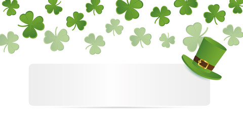 white banner with green hat on shamrock clover background vector illustration EPS10