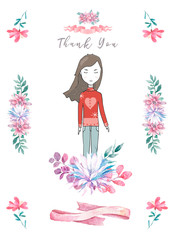 Happy Birthday Card with cute little Princess and pink flowers and flower. Beauty design card for celebration, invite Saint Valentine on white background