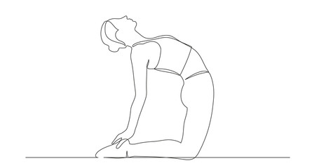 Woman doing exercise yoga Camel Pose (Ustrasana). Continuous line drawing. Vector illustration.