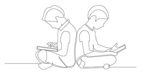 Two boys playing tablet. Continuous line drawing. Vector illustration.