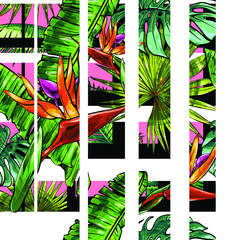 Seamless texture on the theme of the tropics, jungle from palm leaves, monstera, banana leaves, strelitzia and heliconia flowers. Template for printing, fabrics, packaging.