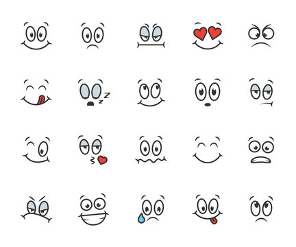 Vector set of cartoon faces. Contains smile, sadness, indifference, laughter, fear, cry, sleep and more.