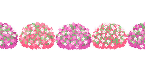 Springtime flowering shrubs in full bloom of beautiful pink and purple  azalea flowers or rhododendron seamless pattern background and borders. Colorful azalea bush frame border seamless pattern.