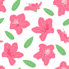 Pink azalea flowers or rhododendron seamless pattern background. Doodle springtime floral pattern background.  Great for wallpaper, textile, fabric, card, packaging design.