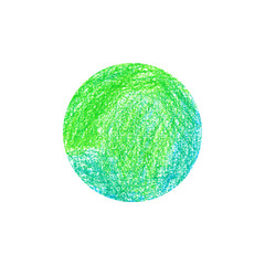 green and blue crayon circle drawing on white