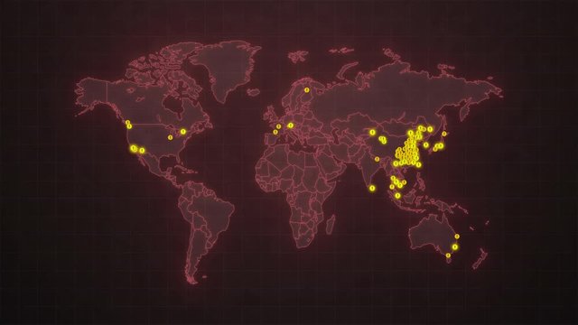 world map of the spread of coronavirus virus infection. Animated map of dark red color with yellow icons appearing.