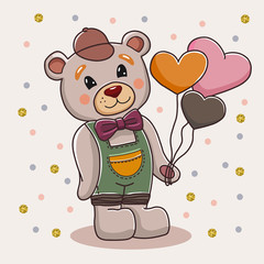 Cute cartoon bear standing with heart shaped balloons. Hand drawn digital art illustration of animal. Baby bear vector illustration.