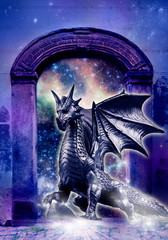 dragon stranding in front of magic fantasy gate with stars and universe 