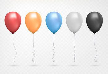 Helium balloon shine colored set. Flying Realistic Glossy Red, Blue, Grey, Yellow Balloons with ribbons. Vector