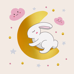 Cute cartoon rabbit sleeps on the moon with clouds and stars. Hand drawn digital art illustration of animal. Baby hare vector illustration.