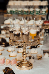 Healthy breakfast - Chia seeds pudding. Health care, fitness, diet, super food concept, raw vegetarian dessert. Chia pudding in glass on wedding banquet  table.