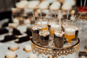Chia pudding in glass on wedding banquet  table. Two colors charcoal chia puding with pomegranate, almond, hemp seeds. Chocolate chia pudding with jam and granola. Healthy overnight breakfast