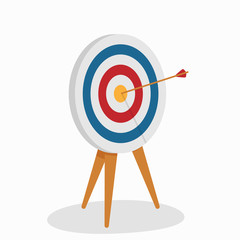 Cartoon target with arrow, standing on tripod. Achievement goal concept. Vector illustration