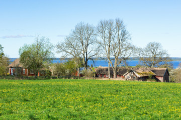 Old farm in the rural landscape in spring
