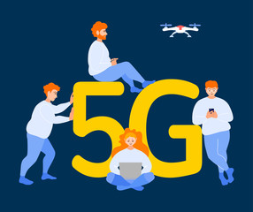People interact with the letters 5G. Men and women with gadgets use high-speed internet together. Bright vector illustration on the theme of modern technology and wireless Internet. 5G network 