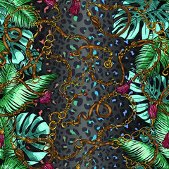 Seamless texture on the theme of the tropics, jungle from palm leaves, monstera, banana leaves with belts and golden chains, jewelry, metal pendants. 